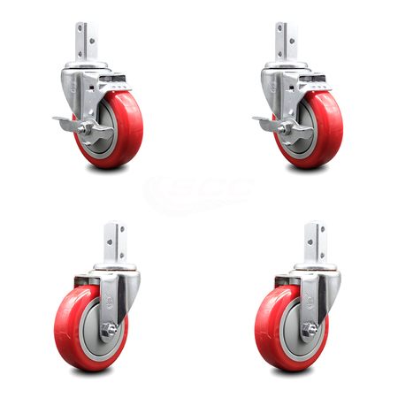 SERVICE CASTER 4 Inch Red Polyurethane Wheel Swivel 7/8 Inch Square Stem Caster Brakes, 2PK SCC-SQ20S414-PPUB-RED-TLB-78-2-S-2